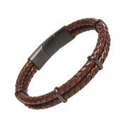Triple-strand brown braided leather cuff bracelet with gunmetal ring dividers and rectangular push-button magnetic clasp.