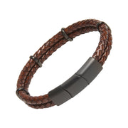 Double-strand brown braided leather bracelet with matte black gunmetal ring connectors and a sleek magnetic clasp.