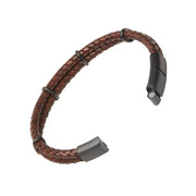 Open view of double-strand brown braided leather bracelet with gunmetal ring accents and flat magnetic snap clasp ends.