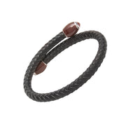 Black braided leather wrap bracelet with sterling silver-rimmed brown enamel football end caps.