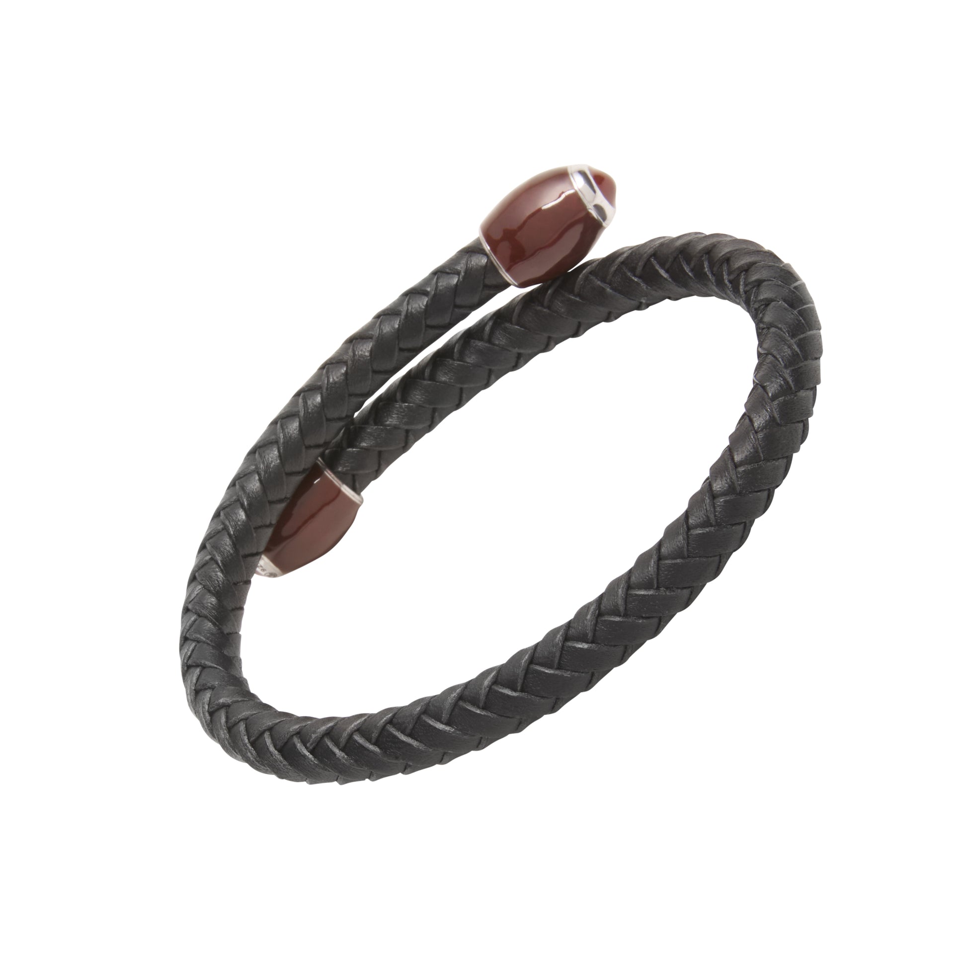 Black braided leather wrap bracelet with sterling silver-rimmed brown enamel football end caps.