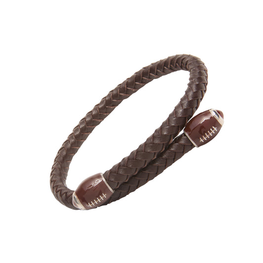 Dark brown braided leather wrap bracelet with sterling silver-rimmed enamel football end caps.