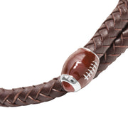Dark brown braided leather wrap bracelet with sterling silver-rimmed enamel football end caps.