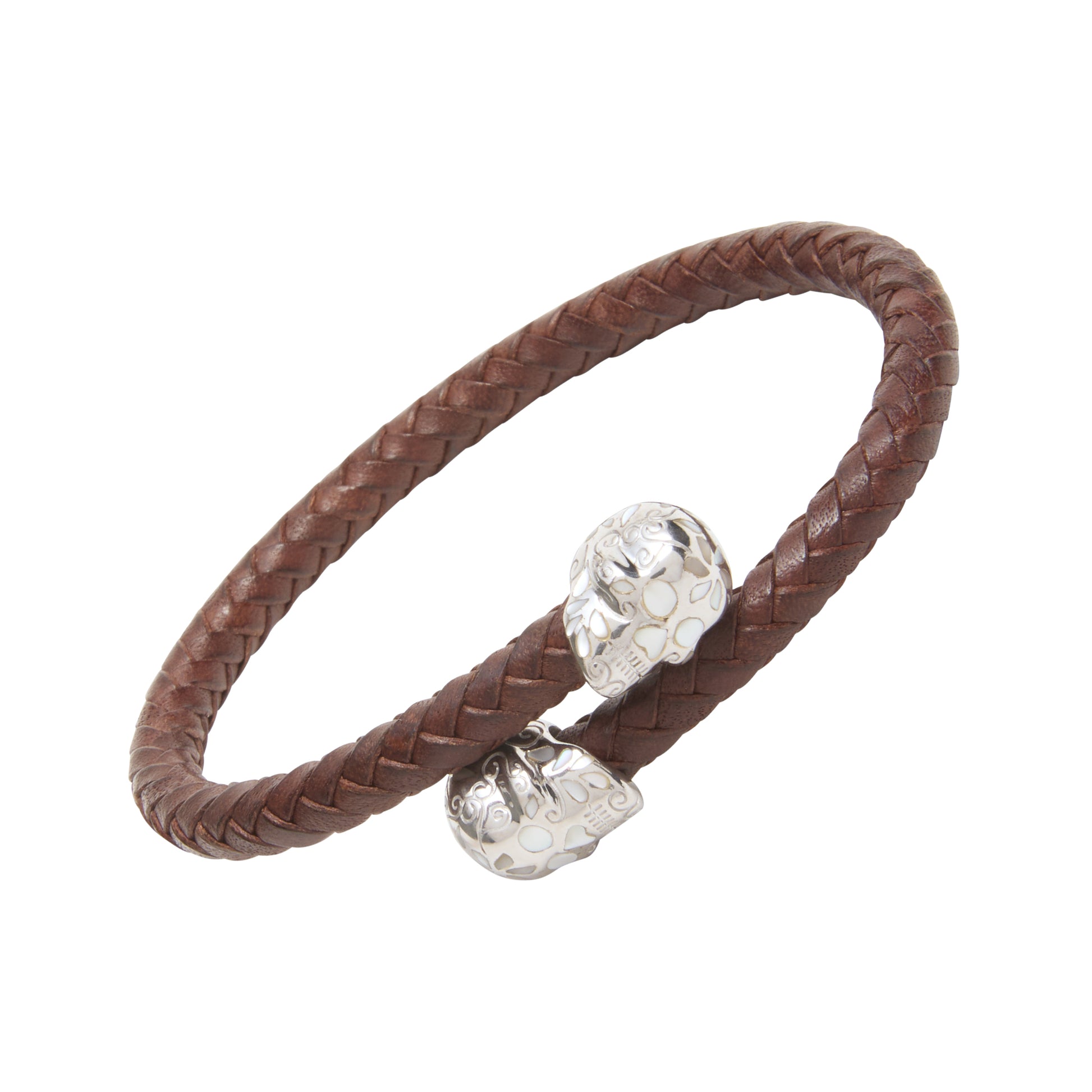 Brown braided leather wrap bracelet with sterling silver dual skull end caps.