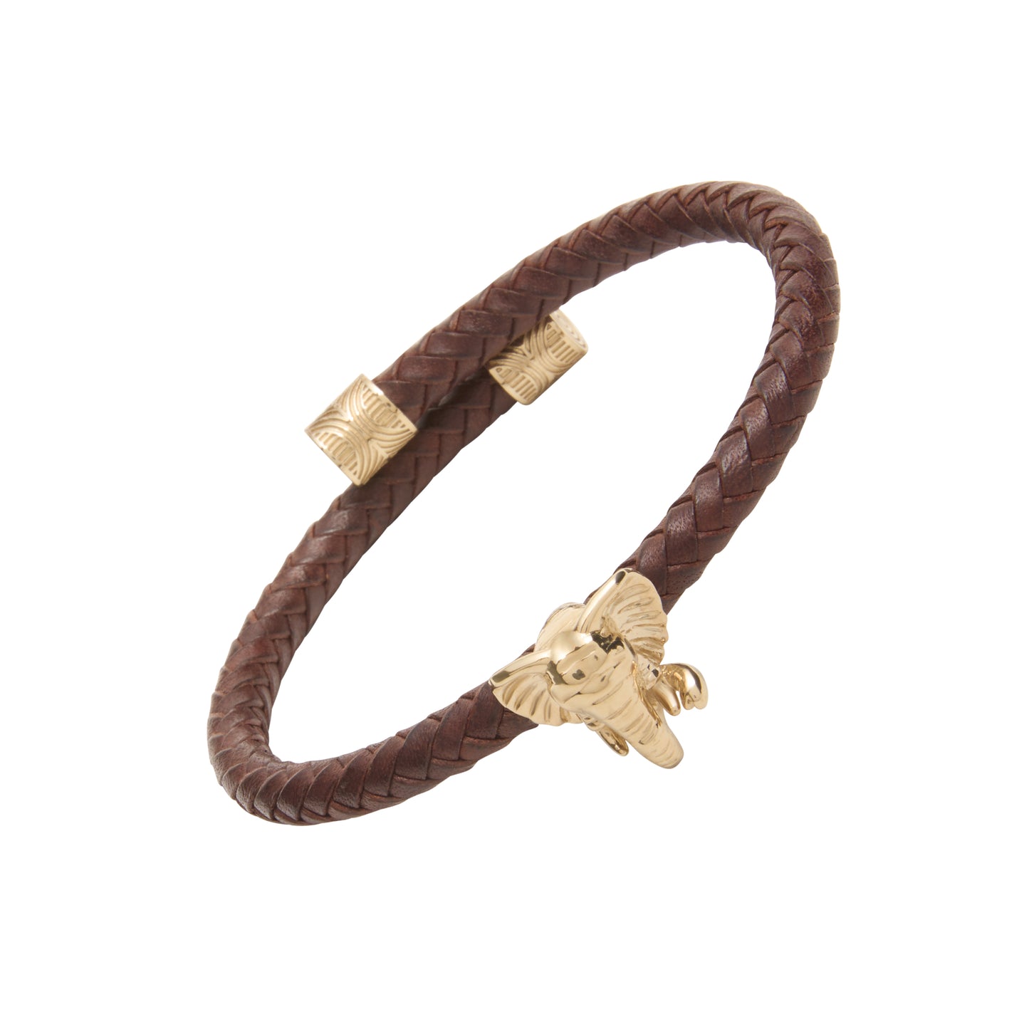 Handcrafted black leather wrap bracelet anchored by a sculptural gold-plated elephant head.