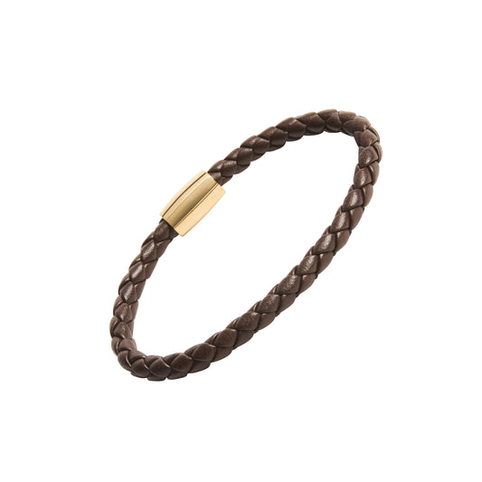 "Dark brown braided leather bracelet with gold cylindrical magnetic clasp.