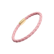 Light pink braided leather bracelet with gold cylindrical magnetic clasp.