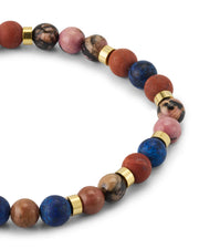 Close-up of adjustable black cord clasp with gold Jan Leslie charm on multistone gemstone bead bracelet