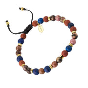Multistone gemstone bead bracelet with lapis lazuli, red jasper, and rhodonite beads with gold heishi spacers, Jan Leslie