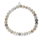 Men's matte grey labradorite stretch bracelet with sterling silver engraved rondelle spacers