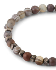 Close-up of matte banded agate stretch bracelet with antique brass faceted nugget spacers, Jan Leslie