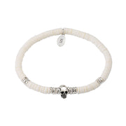 Men's white puka shell and mother-of-pearl heishi stretch bracelet with sterling silver