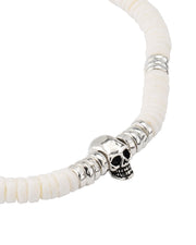 Men's white puka shell and mother-of-pearl heishi stretch bracelet with sterling silver