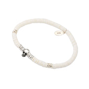 Men's white puka shell and mother-of-pearl heishi stretch bracelet with sterling silver