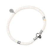 Men's white puka shell and mother-of-pearl heishi stretch bracelet with sterling silver