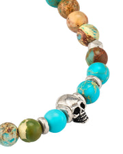Close-up of sterling silver skull centerpiece with turquoise and variegated imperial jasper beads and polished rondelle spacers, Jan Leslie