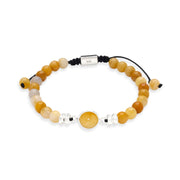 Yellow agate adjustable bracelet showing 925-stamped sterling silver barrel clasp and black cord adjustment detail, Jan Leslie