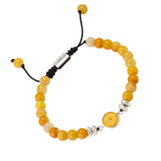 Yellow agate bead bracelet with sterling silver oval bezel centerpiece and polished rondelle spacers on adjustable black cord, Jan Leslie