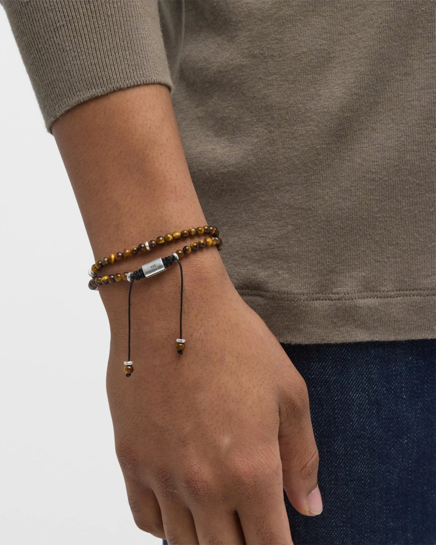 Men's tiger's eye double-wrap adjustable bracelet with sterling silver hex beads  Jan Leslie