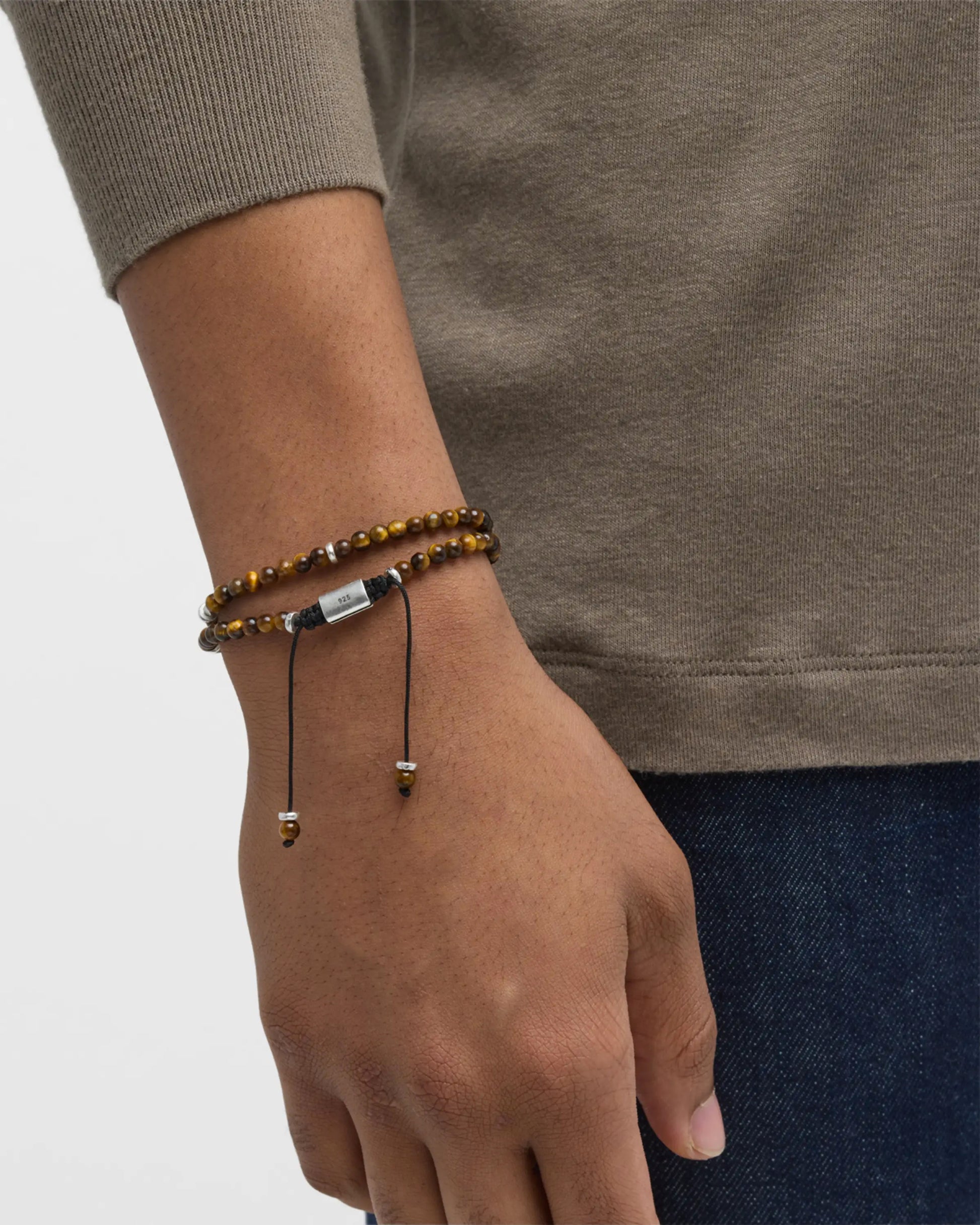 Men's tiger's eye double-wrap adjustable bracelet with sterling silver hex beads  Jan Leslie