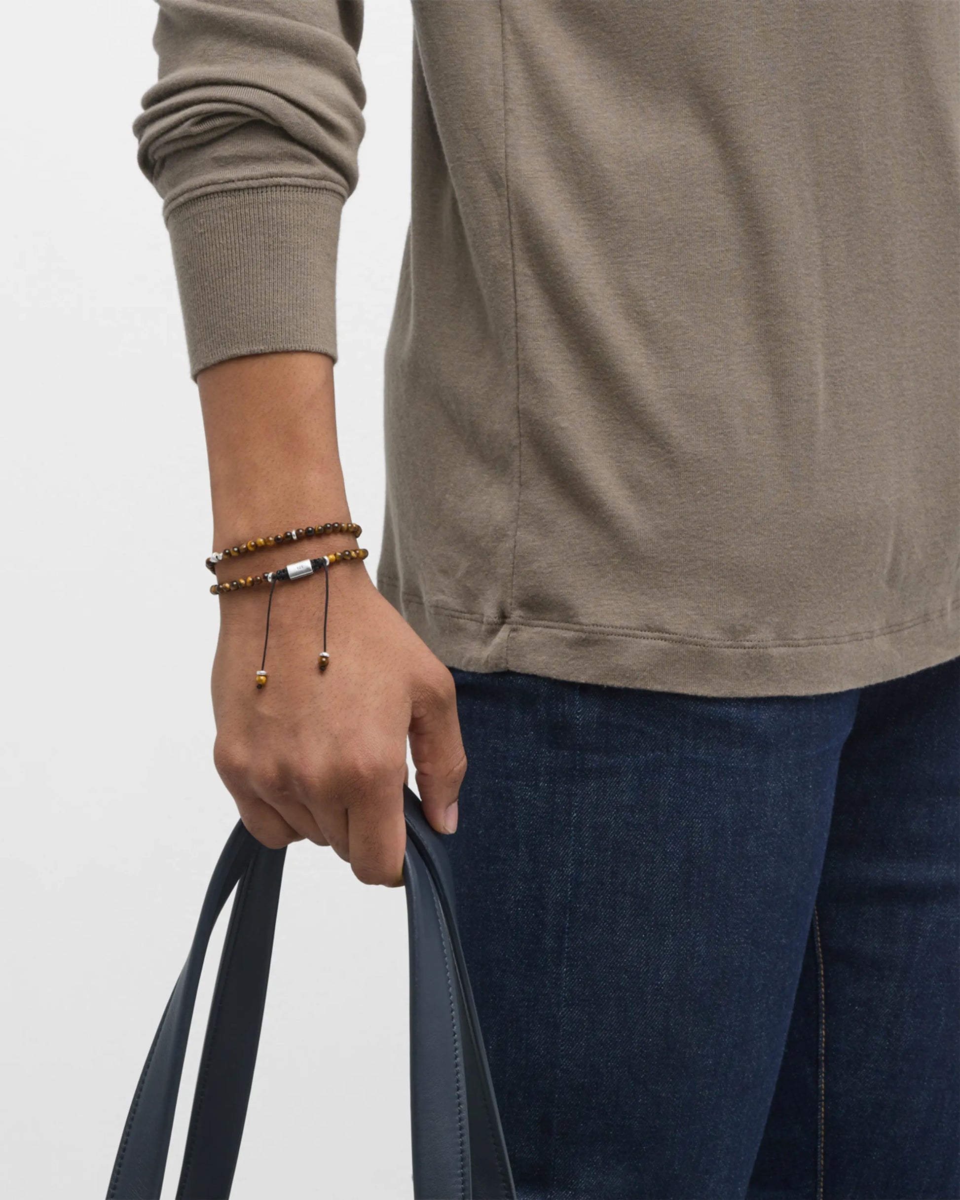 Tiger's eye double-wrap adjustable bracelet with sterling silver faceted hex beads