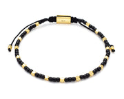 Black onyx seed bead and gold vermeil faceted bead bracelet with adjustable macramé cord and gold clasp — Jan Leslie