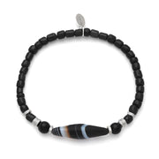 Polished black onyx round bead stretch bracelet with Tibetan dzi agate centerpiece and sterling silver rondelle spacers, Jan Leslie