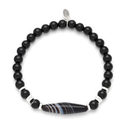 Matte black glass tube bead stretch bracelet with Tibetan dzi agate centerpiece and sterling silver rondelle spacers, Jan Leslie