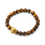 Tiger eye round bead stretch bracelet with gold vermeil panther head centerpiece and Jan Leslie engraved rondelle spacer full silhouette on white background by Jan Leslie