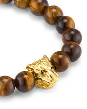 Tiger eye round bead stretch bracelet with gold vermeil panther head centerpiece alternate view showing full bead strand and gold rondelle spacer by Jan Leslie.