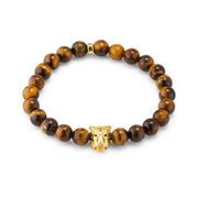Tiger eye round bead stretch bracelet with gold vermeil panther head centerpiece and Jan Leslie engraved rondelle spacer full silhouette on white background by Jan Leslie
