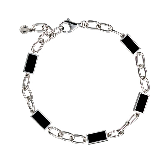 Sterling silver oval paperclip chain bracelet with black onyx rectangular station links full flat view showing five black onyx bezel stations lobster claw clasp extender chain and Jan Leslie disc tag by Jan Leslie