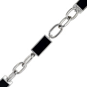  Sterling silver oval paperclip chain bracelet black onyx rectangular station link close-up showing flat-polished black onyx in chamfered polished silver bezel and oval paperclip chain by Jan Leslie