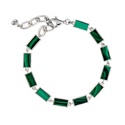 Sterling silver malachite rectangular station tennis bracelet full flat view showing continuous bezel-set malachite stations with deep forest green and vivid emerald banding lobster claw clasp extender chain and Jan Leslie disc tag by Jan Leslie