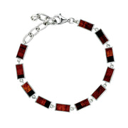  Sterling silver red tiger eye rectangular station tennis bracelet full flat view showing continuous bezel-set red tiger eye stations with deep red-brown and amber chatoyant fibrous inclusions lobster claw clasp extender chain and Jan Leslie disc tag by Jan Leslie