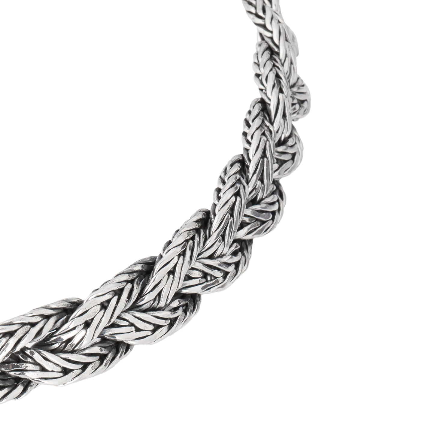 Oxidized sterling silver double-strand Balinese foxtail chain bracelet angled view showing hand-woven chain texture engraved barrel caps and hook clasp detail by Jan Leslie