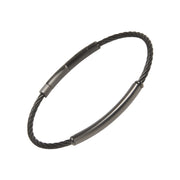 Black PVD-coated twisted cable wire bracelet with three smooth gunmetal tube bar stations.