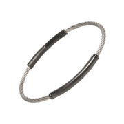 Two-tone stainless steel twisted cable bracelet with three smooth black PVD tube bar stations.
