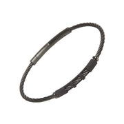 Black stainless steel twisted cable wire bracelet with gunmetal ID bar and triple wire segment accents.