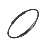 Black twisted cable wire bracelet with matte gunmetal ID bar accent and push-pin barrel clasp closure, luxury men's modern jewelry.