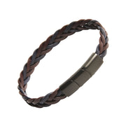 Brown and black two-tone braided leather open cuff bracelet with matte black stainless steel rectangular magnetic end caps, Jan Leslie luxury men's leather bracelet.