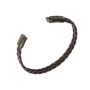 Brown and black two-tone wide flat braided leather bracelet with matte black stainless steel rectangular magnetic clasp closure, Jan Leslie luxury men's leather bracelet.