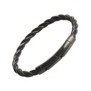 Black twisted leather rope bracelet with matte black stainless steel rectangular magnetic clasp closure, Jan Leslie luxury men's leather bracelet.