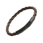 Brown twisted leather rope open cuff bracelet with matte black stainless steel barrel end caps and push-pin closure, Jan Leslie luxury men's leather bracelet
