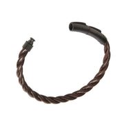 Black twisted leather rope open cuff bracelet with matte black stainless steel barrel end caps and push-pin closure, Jan Leslie luxury men's leather bracelet