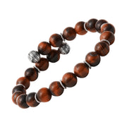 Red tiger's eye beaded stretch bracelet with oxidized sterling silver rope disc spacers and an engraved filigree bead accent.