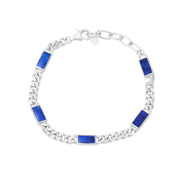 Lapis lazuli baguette station curb chain bracelet in polished sterling silver.
