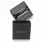Black wide braided leather bracelet with black steel slide clasp in Jan Leslie gift box