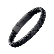 Black wide braided leather bracelet with black steel slide clasp 