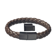 Brown wide braided leather bracelet with black steel slide clasp 